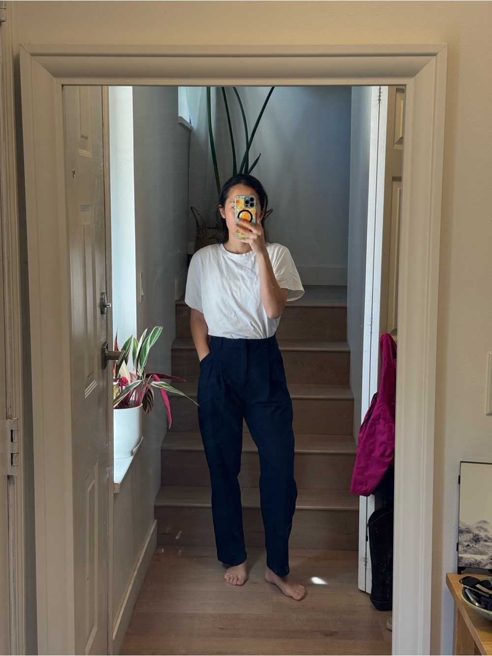 Navy Blue High-Waisted Pleated Trousers